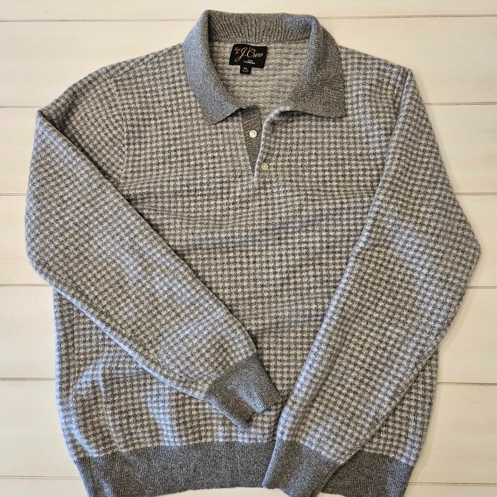 J.Crew Cashmere Collared Grey Houndstooth Sweater-polo - Size XL